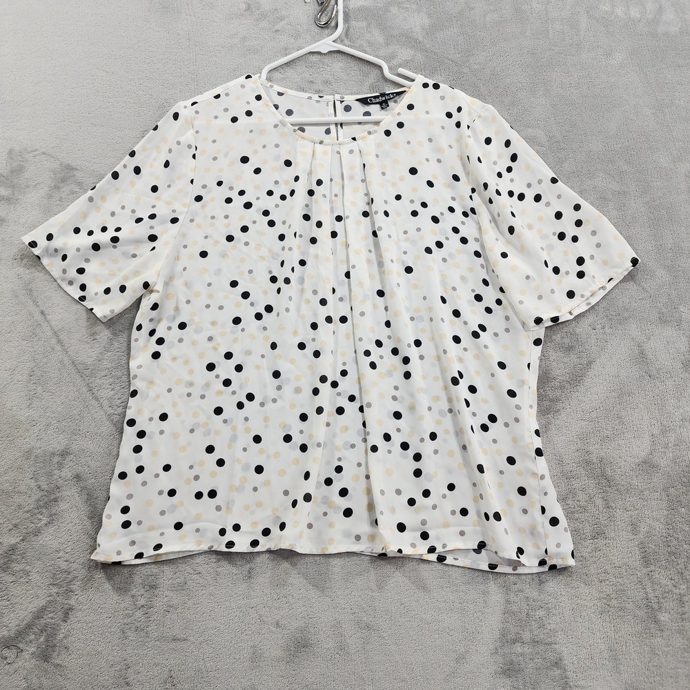 Chadwicks Top Womens XL White Polka Dot Pleated Short Sleeve Keyhole Blouse